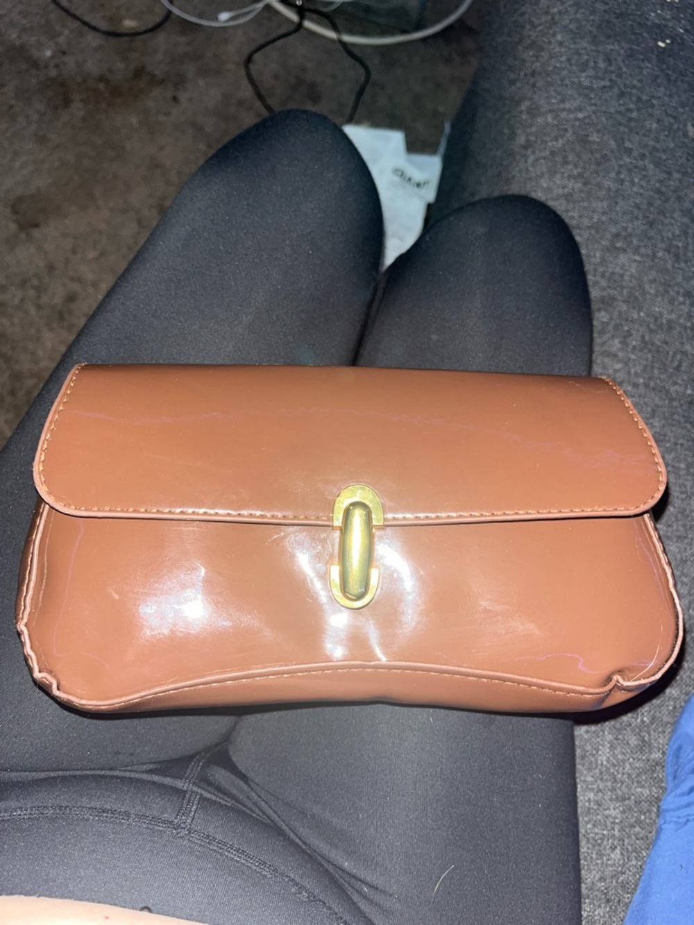 Sleek Brown Patent Shoulder Bag with Gold-Tone Clasp